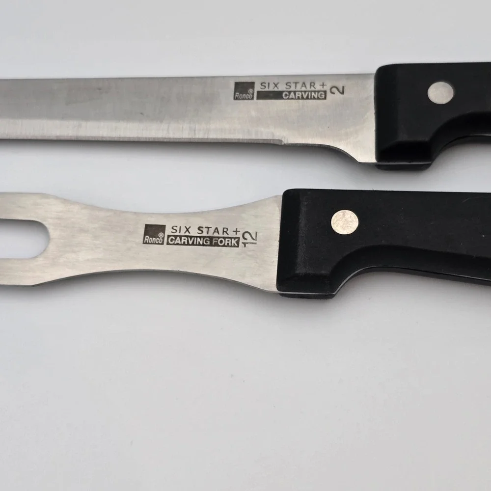 Ronco Six Star+ 2 Piece Carving Set Stainless Knife and Fork Black Triple Rivet